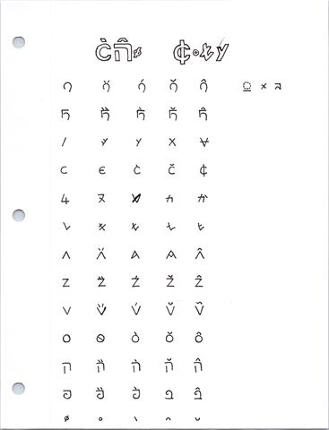 Alphabet grid of an invented script with five vowel variants per letter; title in the script