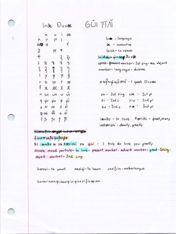 Page titled Inæ Ðuxæ with a syllable chart, vocabulary and highlighted example sentences