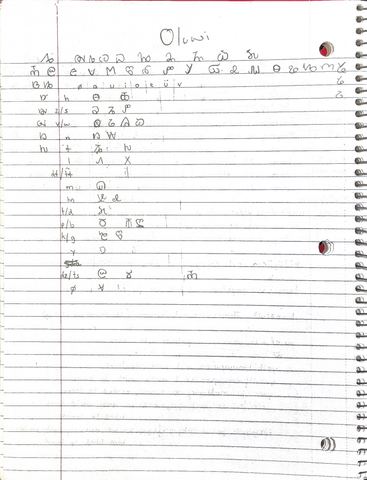 Notebook page titled Oluwi with a chart of invented script letters