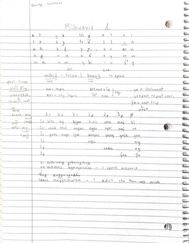 Notebook page titled Miikvavis 1 with a sound chart, verb roots and a pronoun table