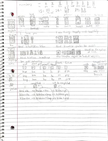 Notebook page of Néyak'aj numbers, word glyphs, example sentences and tense markers