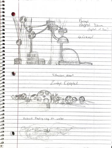 Pencil drawings of a city, desert domes and a floating city, with labels in Latin letters and the cursive script