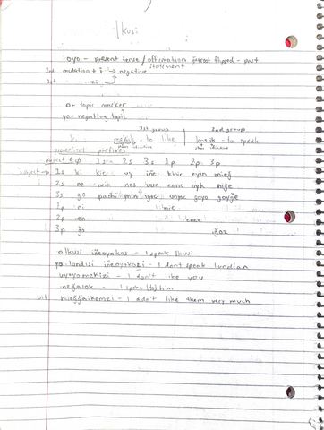 Notebook page titled Ikusi with verb particles, pronoun prefixes and sample sentences