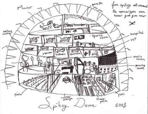 Cut-away drawing of a spiked dome shelter with labelled rooms