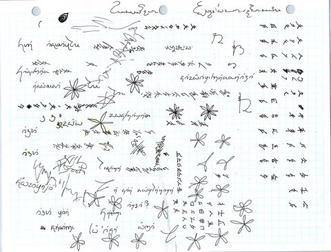 Grid paper covered with flower doodles and writing in several invented scripts