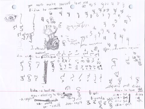 Page of sketches, script and notes translating the sentence you can't make yourself love me; labelled Luthivir